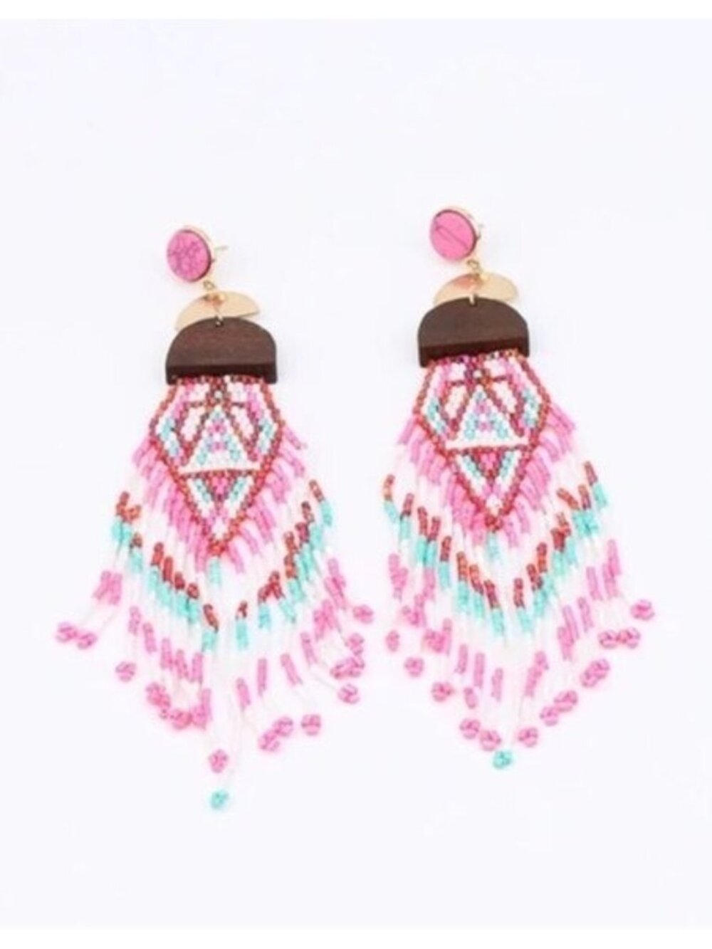 Muti Color Pink Boho Tribal Long Beaded Fashion Statement Earrings